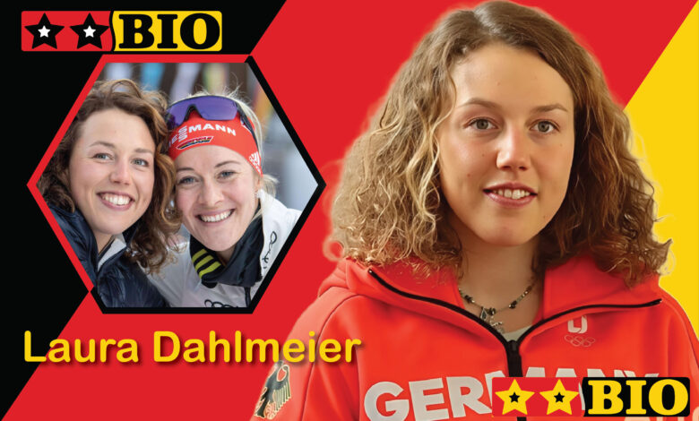 Laura Dahlmeier steht in Bergkleidung in alpiner Umgebung und blickt ruhig in die Ferne